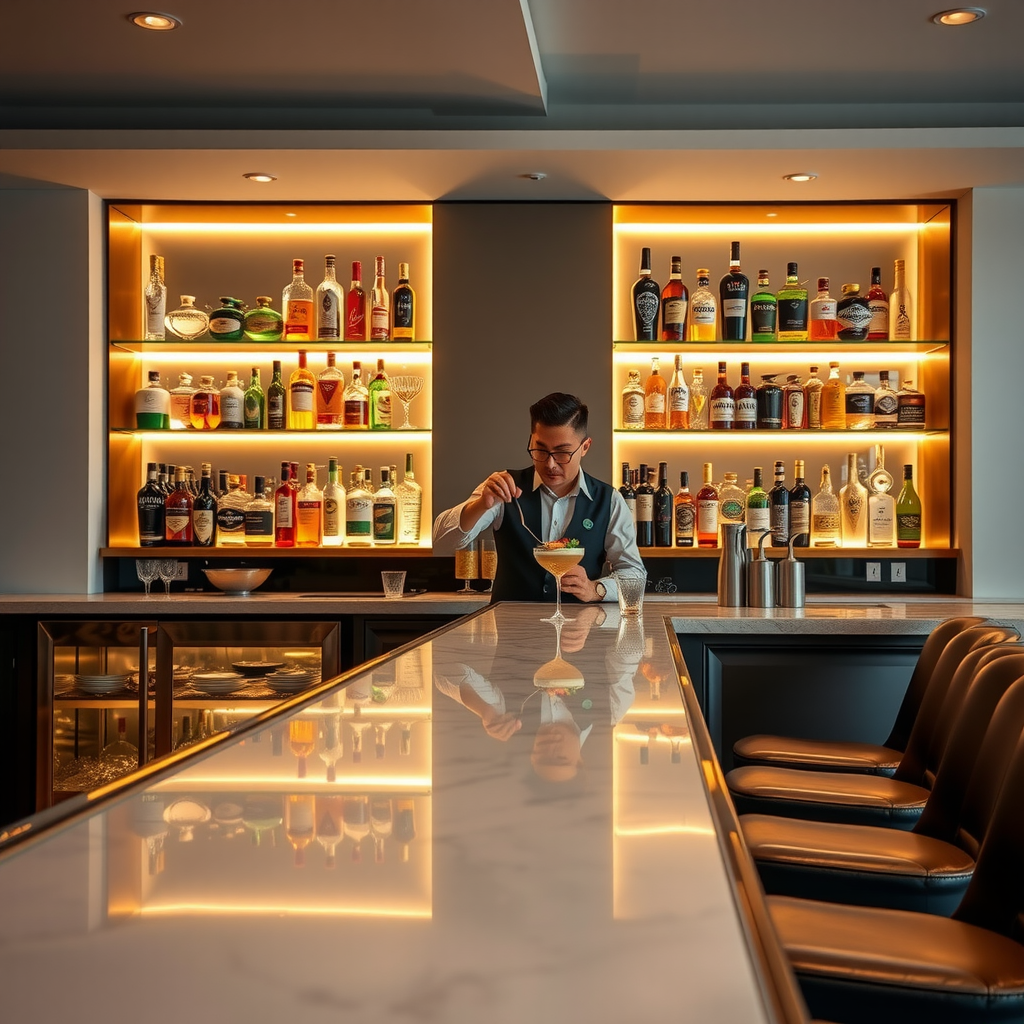 Premium bar counter with marble top, backlit shelves displaying premium spirits, professional bartender preparing cocktails, and elegant bar stools