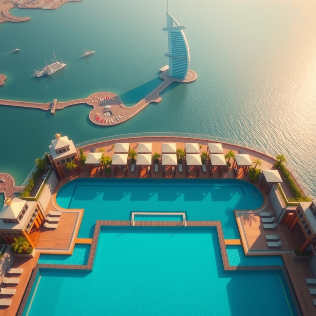 Aerial perspective of entire infinity pool facility showing pool layout, cabana arrangement, deck areas, and spectacular views of Palm Jumeirah and Arabian Gulf
