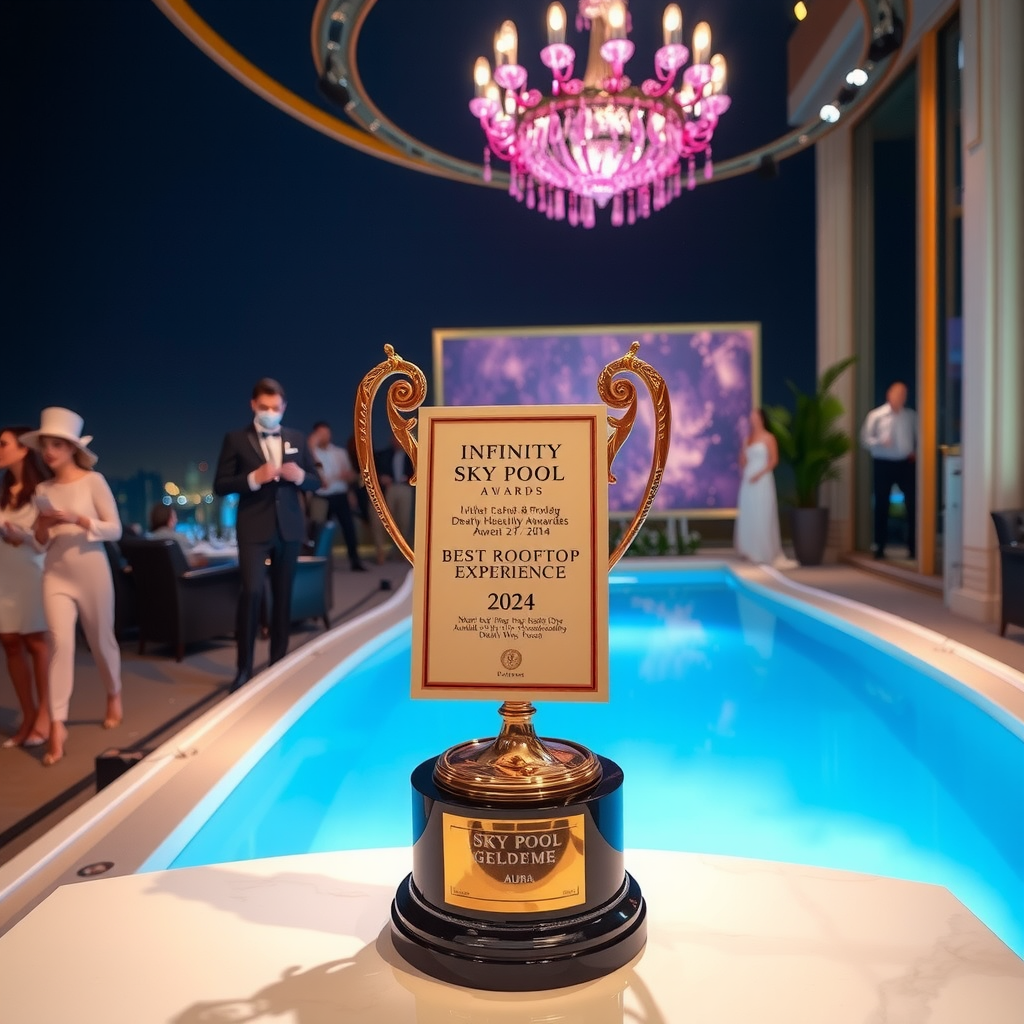 Elegant award ceremony with golden trophy on display, Infinity Sky Pool Aura team receiving Best Rooftop Experience Award 2024 at Dubai Luxury Hospitality Awards, luxury event setting with champagne and celebration