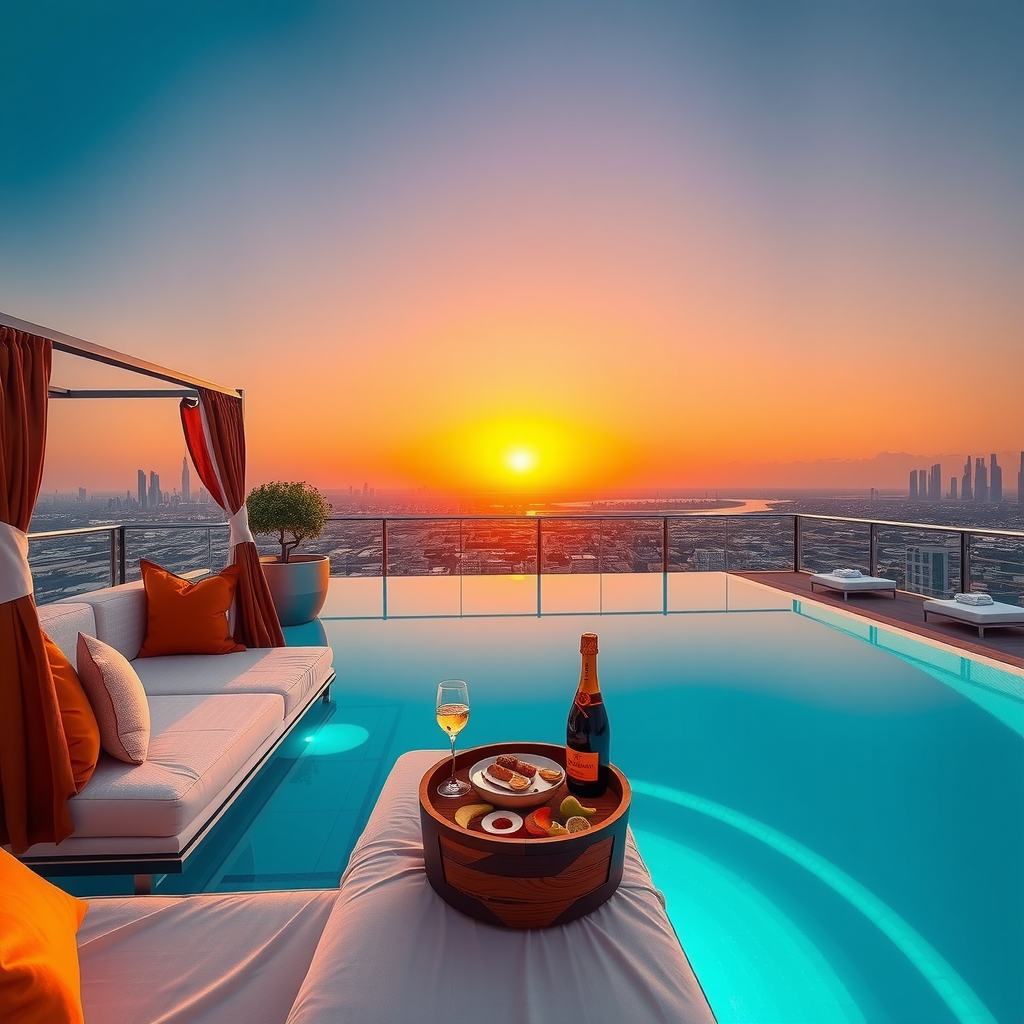 Luxurious VIP cabana at sunset with golden hour lighting, infinity pool overlooking Dubai skyline, premium bottle service setup with gourmet canapés, exclusive rooftop experience with champagne and elegant furnishings