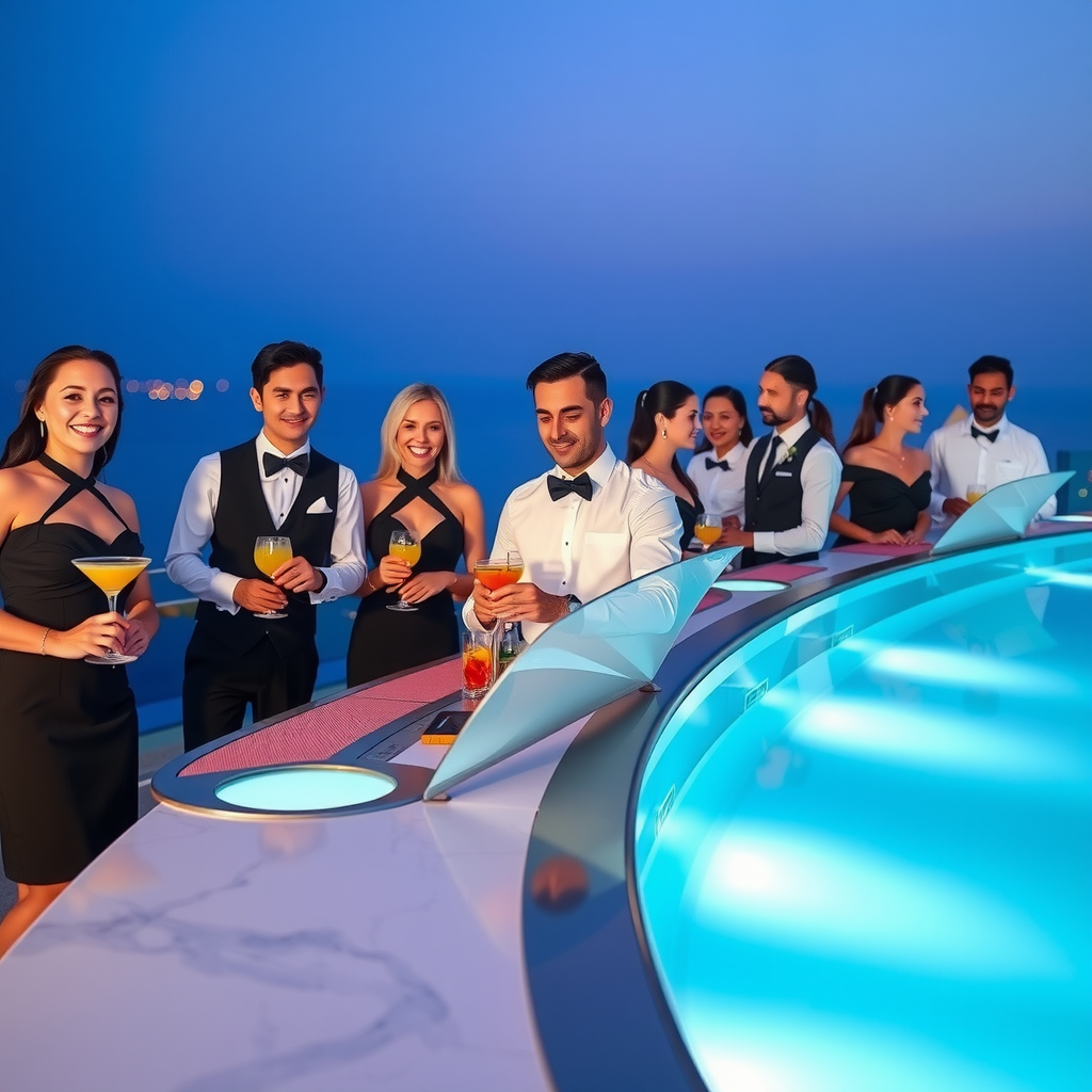 Professional hospitality team at Infinity Sky Pool Aura, smiling staff members in elegant uniforms, expert mixologists preparing signature cocktails, attentive cabana hosts providing five-star service, diverse team of hospitality professionals