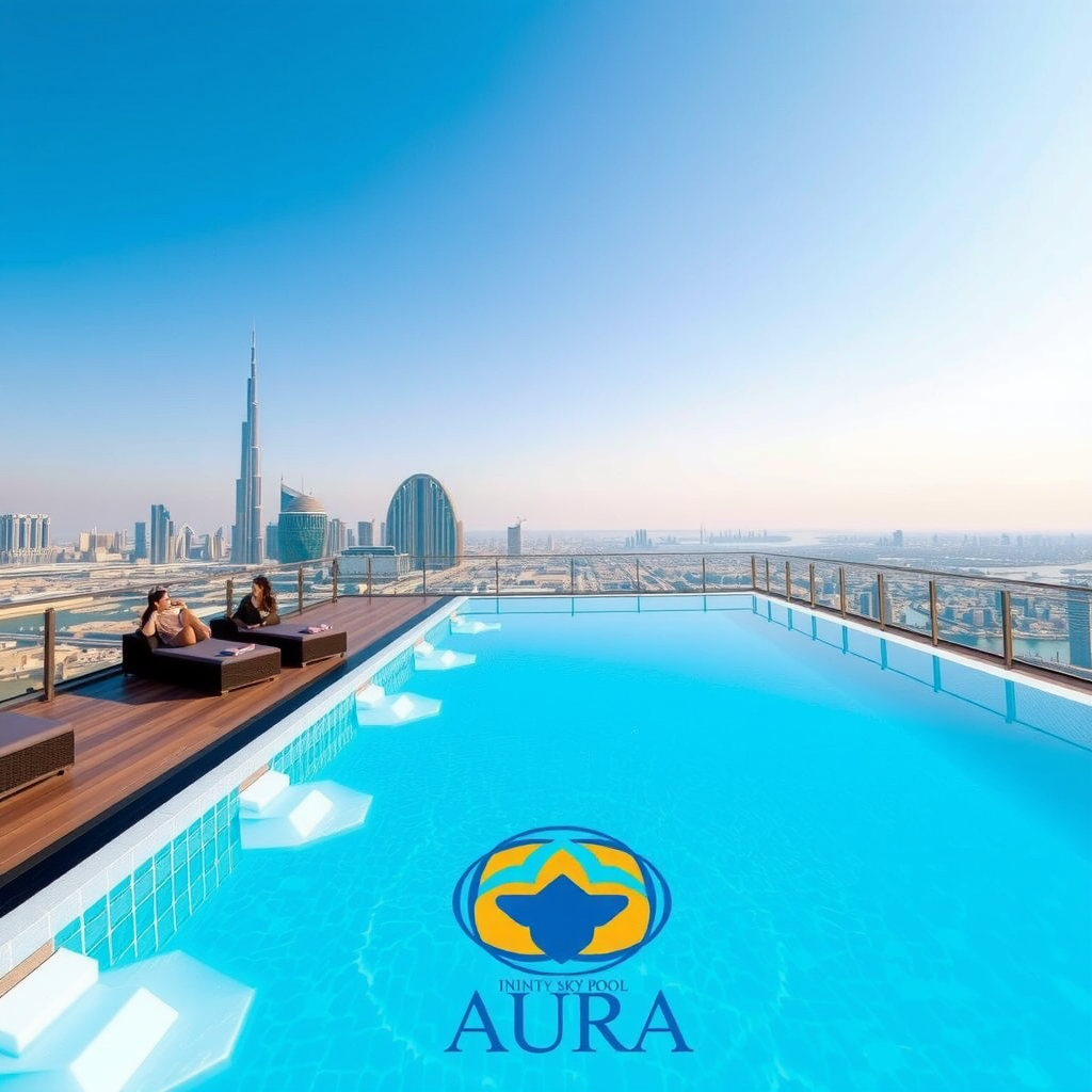 Infinity Sky Pool Aura - Luxury rooftop infinity pool with panoramic Dubai skyline views, featuring elegant logo design with sky blue and gold accents