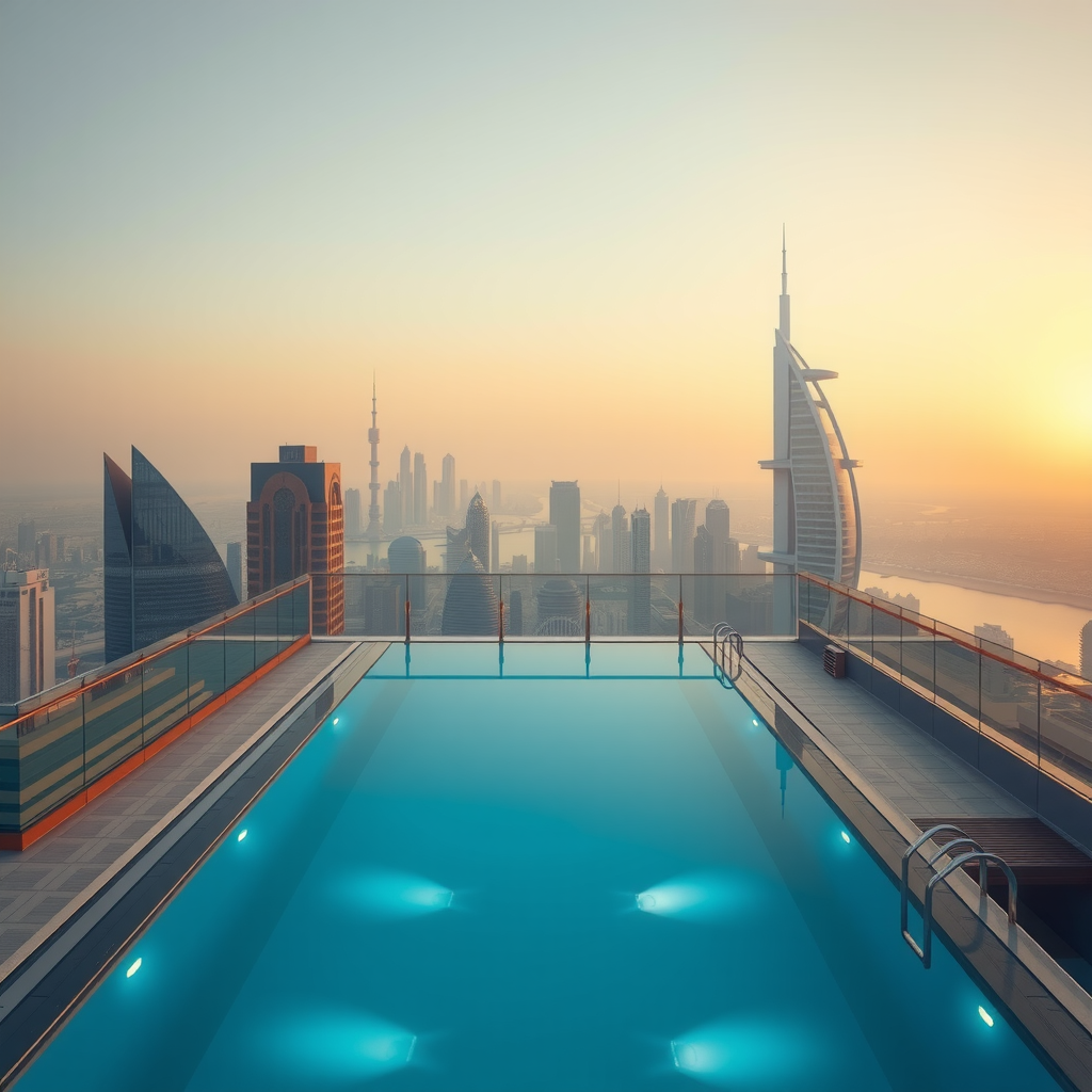 Infinity Sky Pool Aura - Luxury rooftop infinity pool with panoramic Dubai skyline views, featuring elegant logo design with sky blue and gold accents