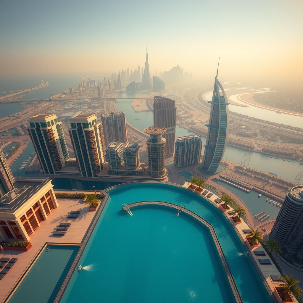Stunning aerial view of Palm Tower Level 50 in Dubai showcasing the infinity sky pool aura location with panoramic cityscape, luxury architecture, and breathtaking views of Dubai skyline and Palm Jumeirah island from above