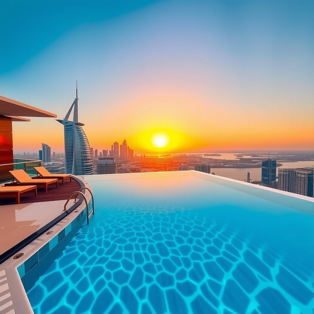 Stunning infinity pool overlooking Dubai skyline at sunset with crystal clear water reflecting golden sky, luxury loungers and cabanas visible, Palm Jumeirah and Arabian Gulf in background, modern architectural design with glass railings