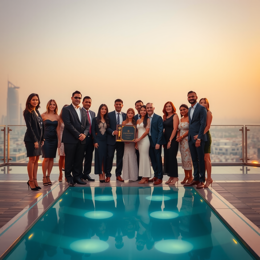 Infinity Sky Pool Aura team receiving the Best Rooftop Experience Award 2024 at the Dubai Luxury Hospitality Awards ceremony, with the stunning infinity swimming pool and Dubai skyline visible in the background, elegant trophy presentation on stage with golden lighting