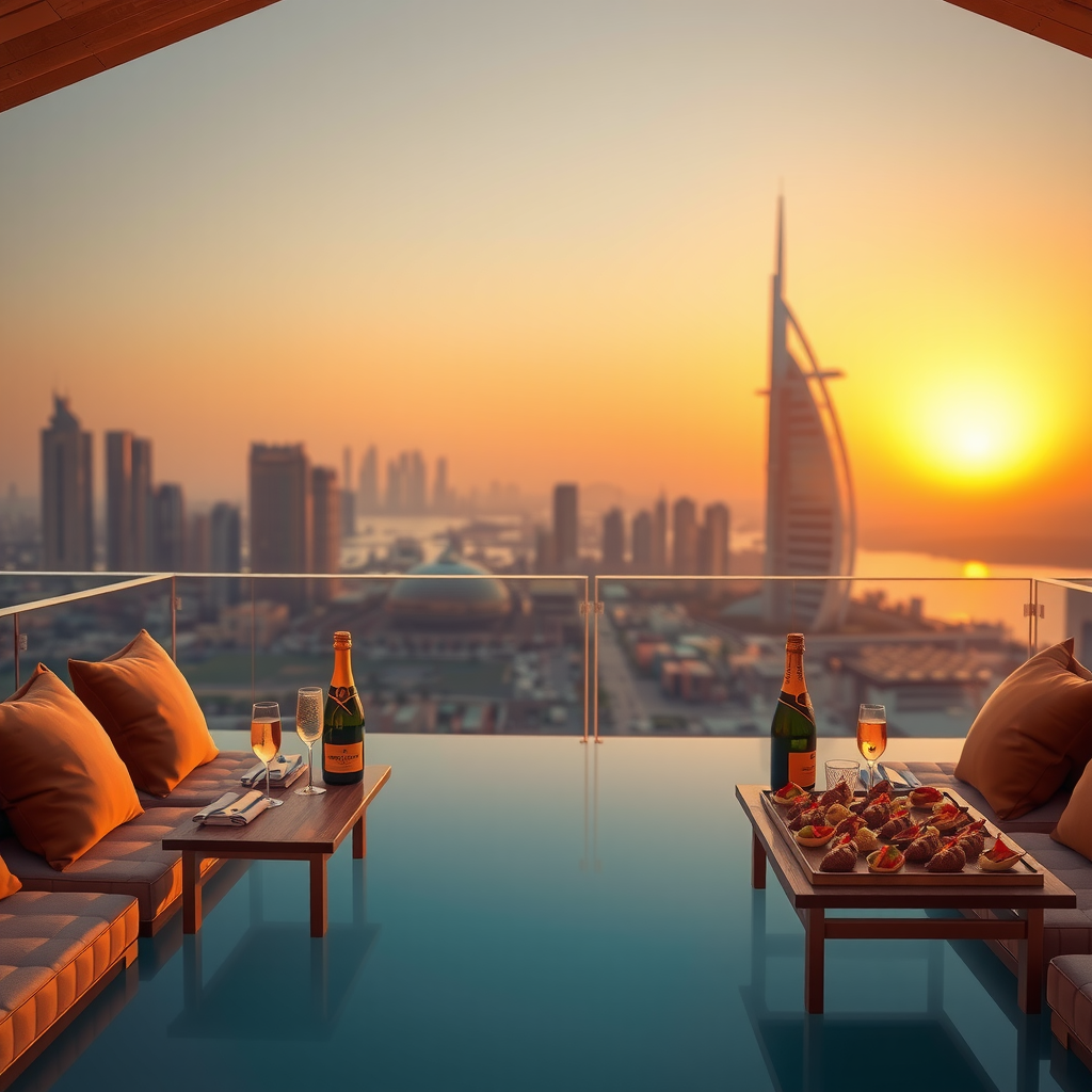 Luxurious VIP sunset cabana overlooking Dubai skyline at golden hour, featuring plush seating, elegant table settings with champagne bottles, and the infinity sky pool reflecting the warm orange and pink sunset colors, with premium bottle service setup and gourmet canapés displayed on gold-trimmed serving platters