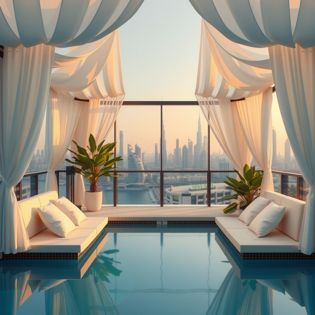 Luxurious private pool cabana with plush white seating, elegant drapes, premium sound system, and stunning Dubai skyline views through floor-to-ceiling glass panels, featuring champagne service and tropical plants