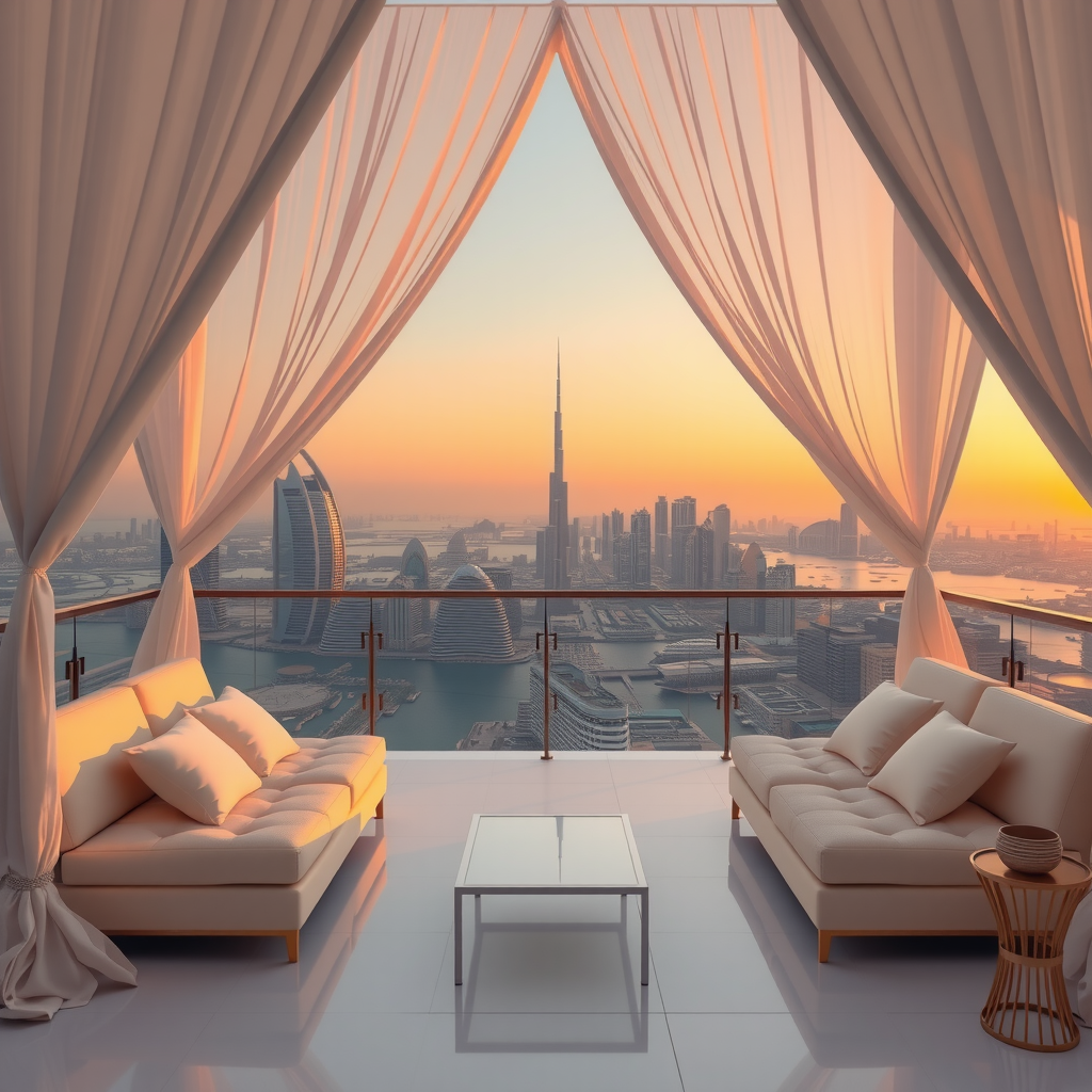 Luxurious private cabana with plush white seating, elegant draping, and panoramic views of Dubai's glittering skyline at sunset, featuring modern design elements and premium furnishings