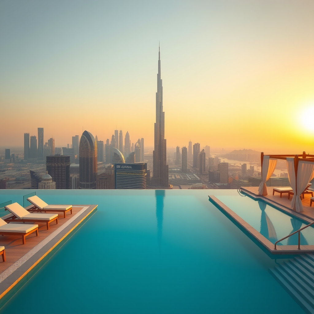 Breathtaking infinity swimming pool with crystal clear turquoise water extending to the horizon, featuring luxurious white loungers along the edge, panoramic 360-degree views of Dubai's iconic skyline including Burj Khalifa and modern skyscrapers, golden sunset lighting reflecting on the water surface, premium poolside cabanas with flowing white curtains, and elegant architectural design showcasing the pool's seamless edge merging with the sky