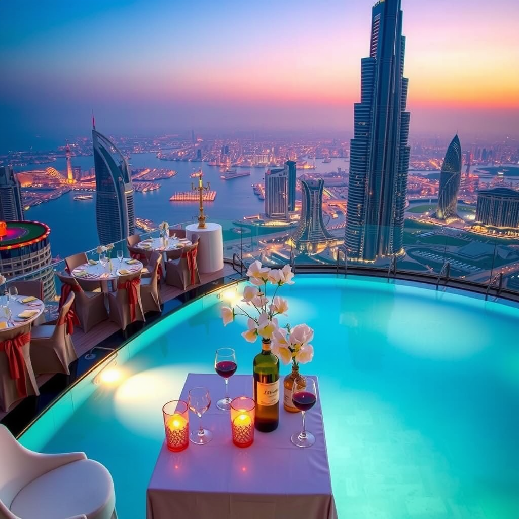 Elegant private event setup at infinity sky pool with panoramic Dubai cityscape views, luxurious table settings with champagne gold accents, ambient lighting at sunset, sophisticated celebration atmosphere