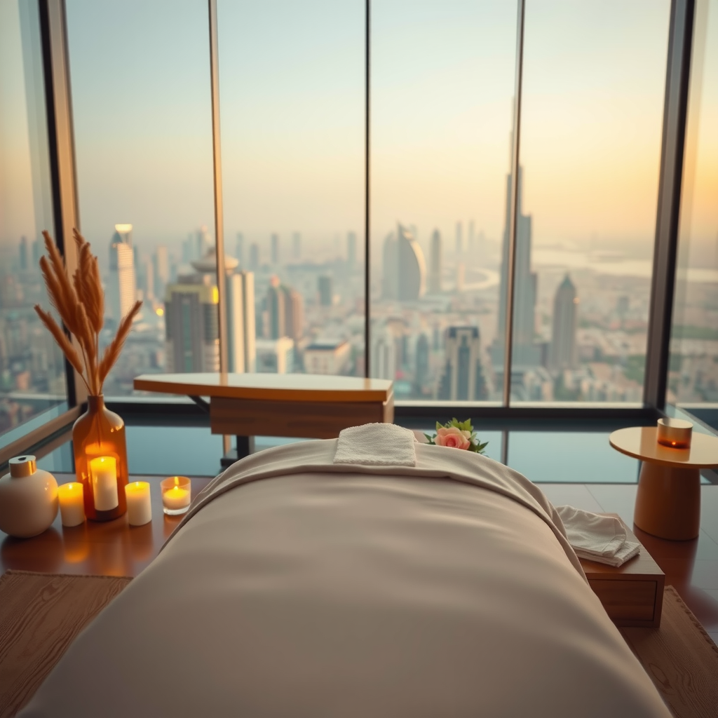 Serene spa treatment setup at Infinity Sky Pool Aura with massage table, luxury products, and panoramic Dubai skyline views through floor-to-ceiling windows, soft lighting creating tranquil atmosphere