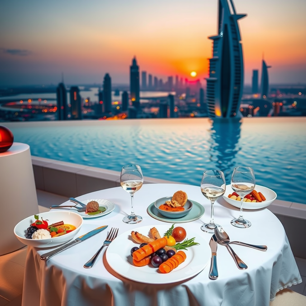 Elegant poolside dining setup with white tablecloth, fine china, crystal glasses, and gourmet dishes overlooking infinity pool with Dubai skyline at sunset, professional food photography with warm ambient lighting