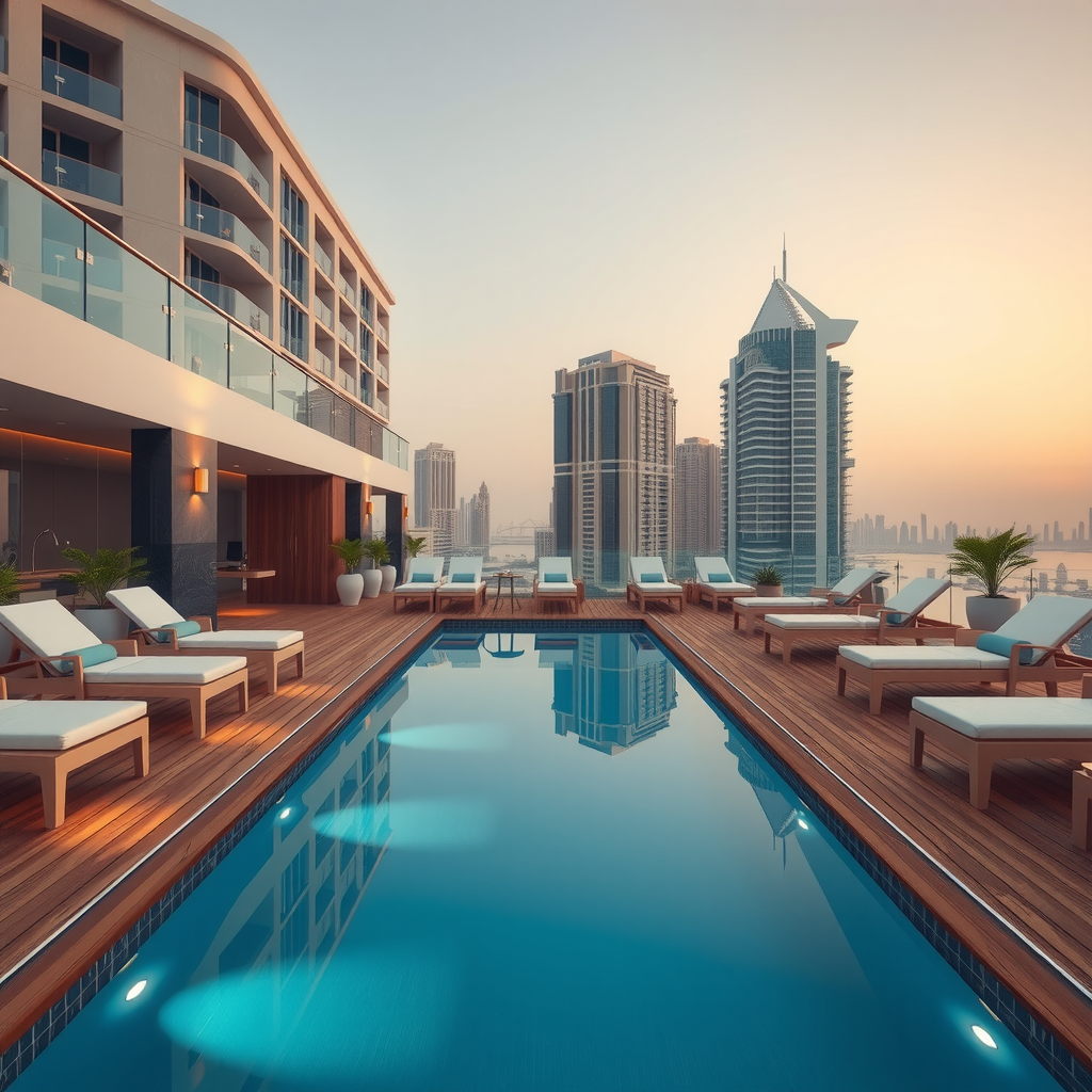 Luxurious pool deck with premium teak wood flooring, elegant white loungers with plush cushions, ambient lighting, and panoramic glass barriers overlooking Dubai Marina