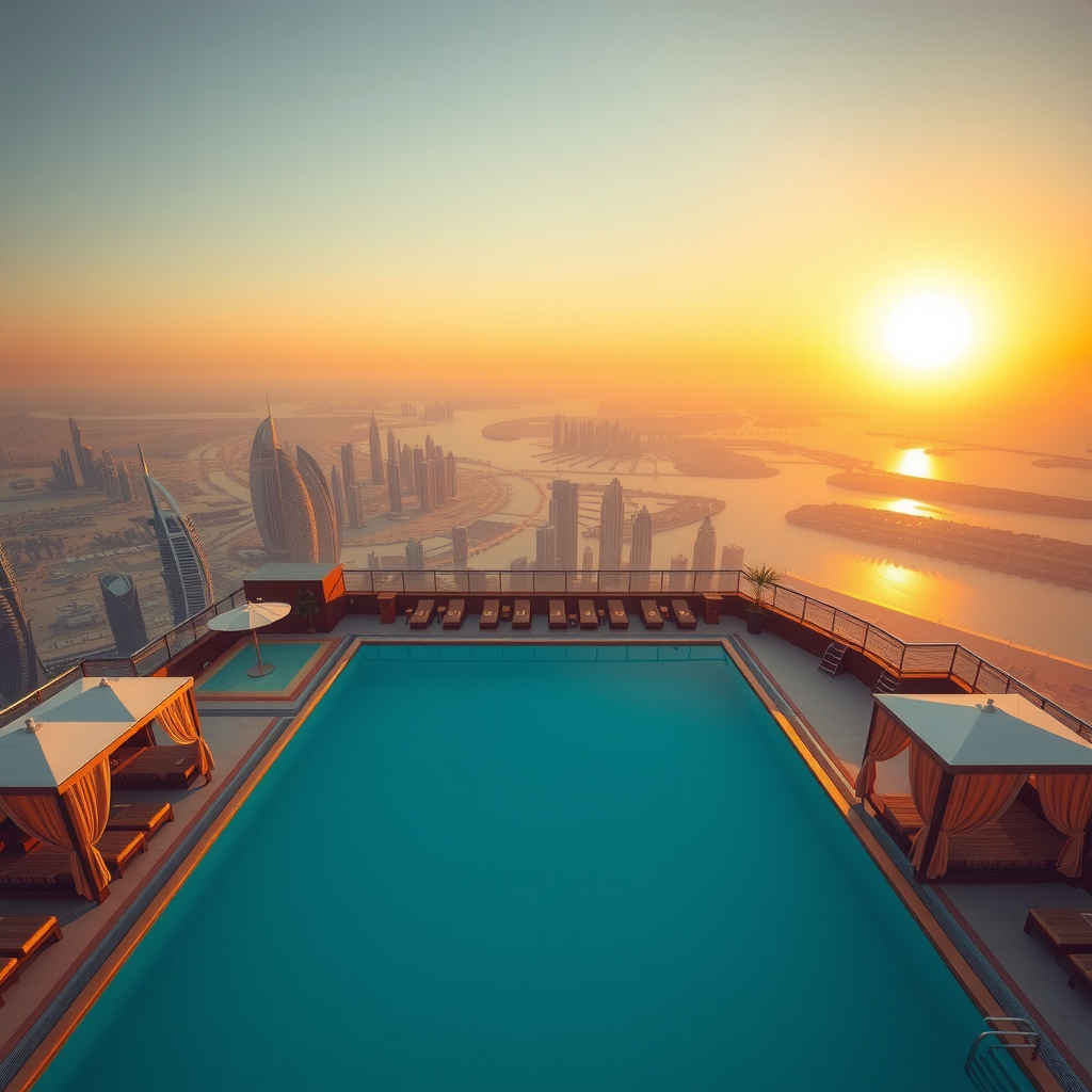 Stunning aerial view of the infinity swimming pool at Aura Skypool Dubai during golden hour, crystal clear turquoise water reflecting the sunset, luxurious cabanas surrounding the pool, panoramic Dubai cityscape and Arabian Gulf in the background, elegant poolside loungers and premium amenities visible