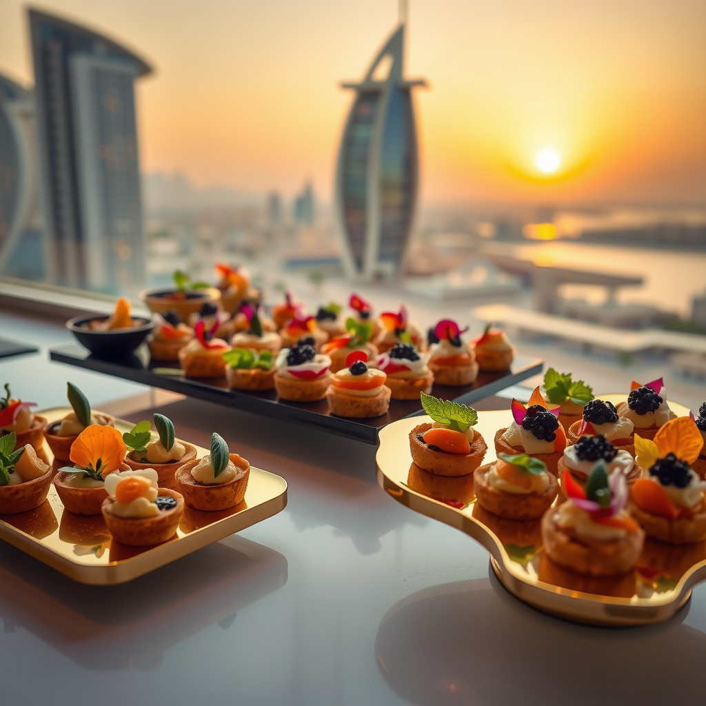 Elegant presentation of gourmet canapés on gold-trimmed serving platters, featuring artisanal appetizers including smoked salmon blinis, truffle-infused mushroom tartlets, Mediterranean bruschetta, and caviar-topped delicacies, arranged beautifully with garnishes and edible flowers against the backdrop of the Dubai sunset