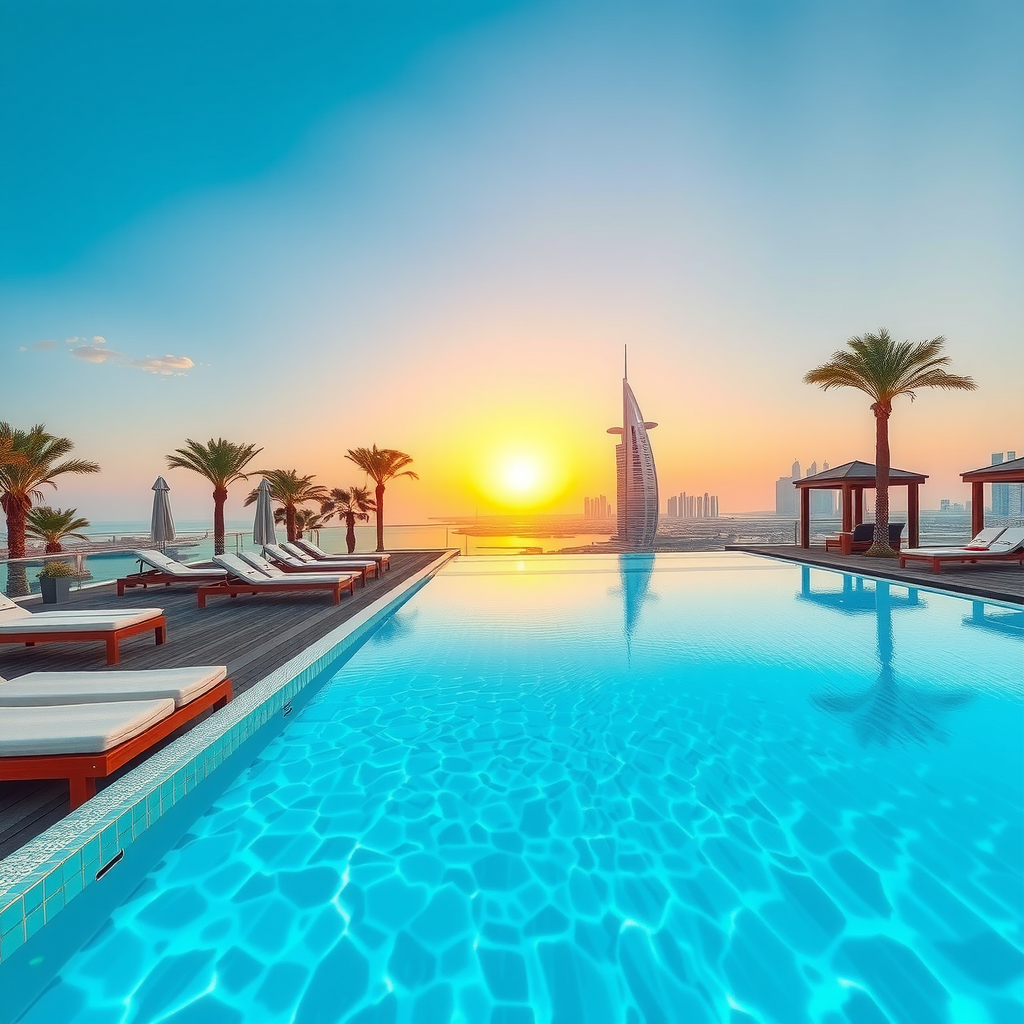 Stunning infinity edge swimming pool with crystal clear turquoise water extending toward Dubai's iconic skyline, featuring premium white loungers, palm trees, and golden sunset reflections on the water surface