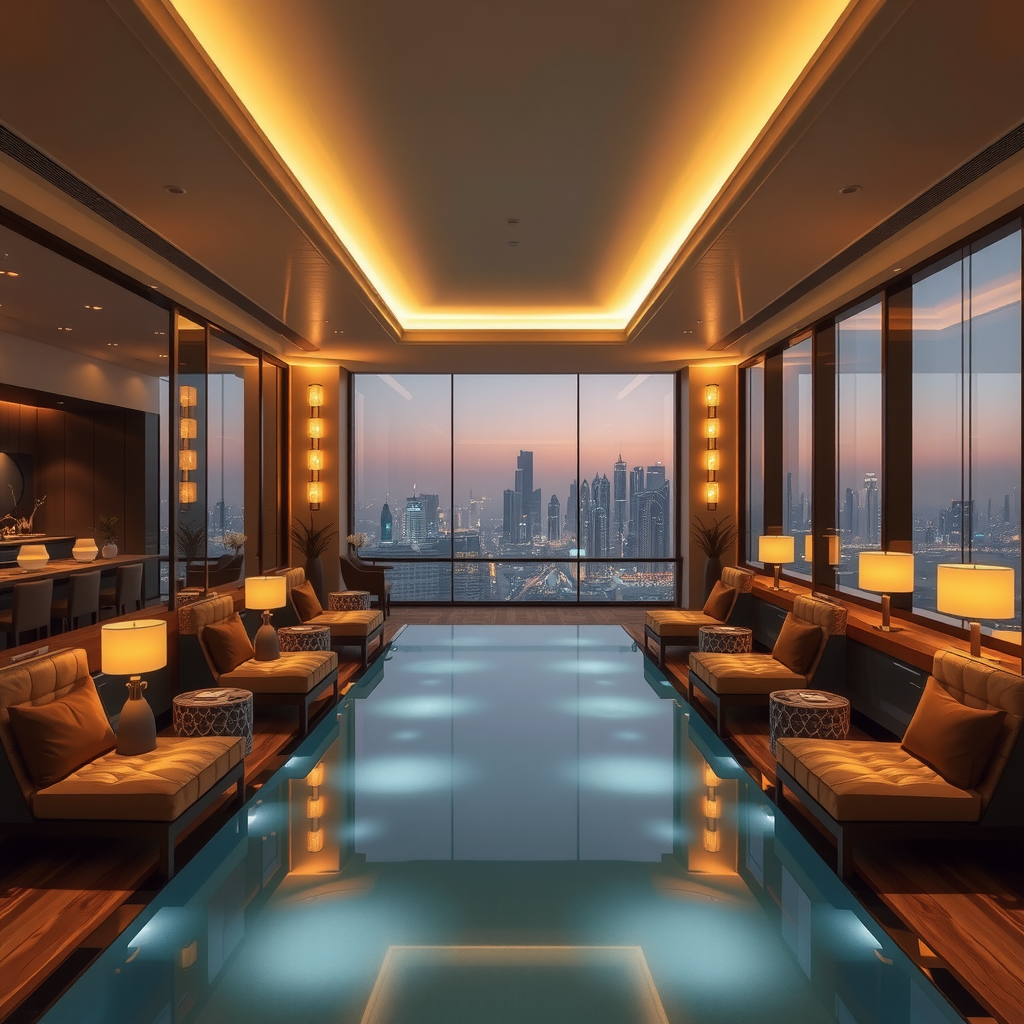 Elegant VIP lounge interior with sophisticated seating areas, ambient lighting, modern decor, and floor-to-ceiling windows overlooking Dubai's infinity sky pool and cityscape