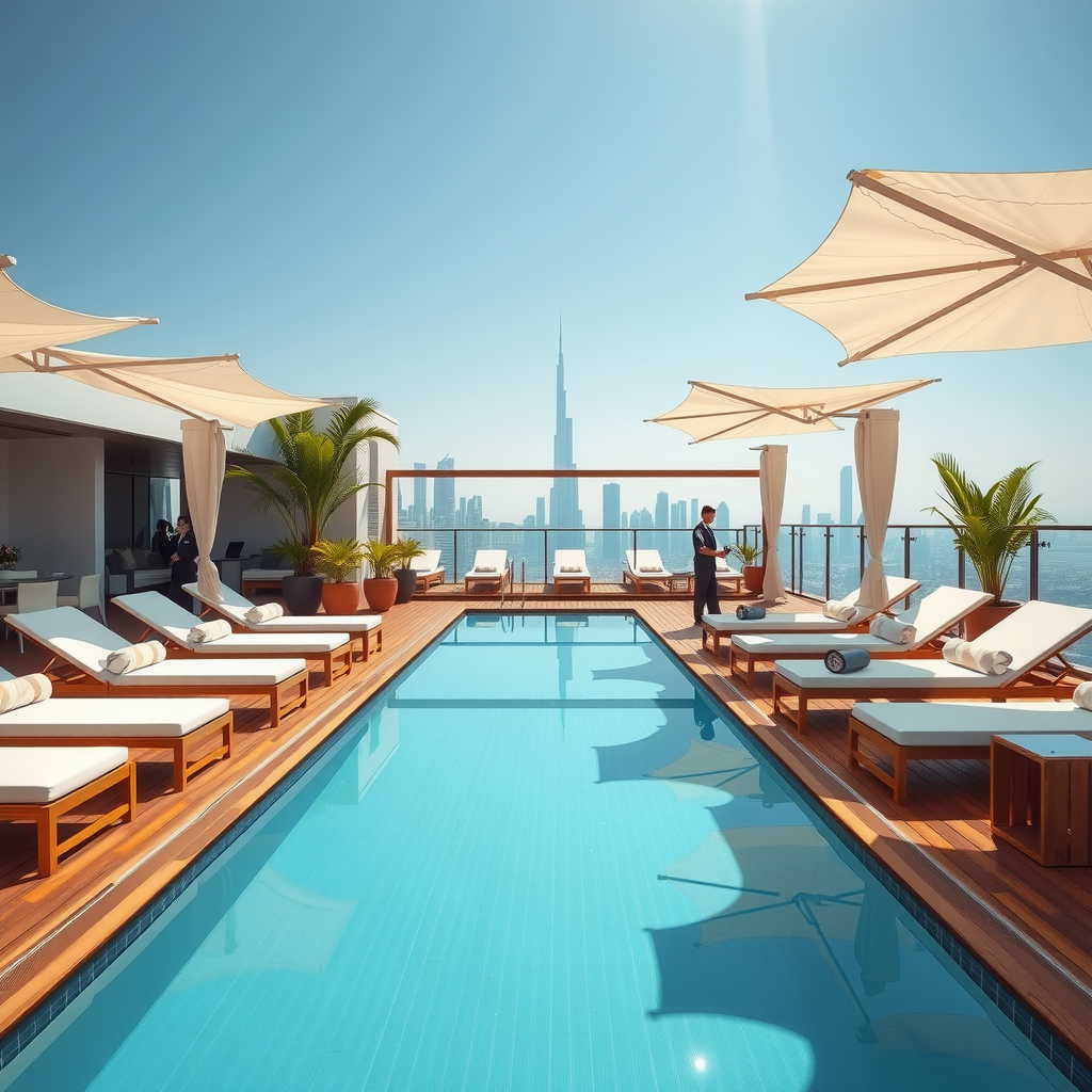 Luxurious pool deck area with premium white loungers arranged in elegant rows, each with plush cushions and side tables, teak wood flooring gleaming in sunlight, contemporary shade structures with flowing fabric, potted tropical plants adding greenery, attentive staff in crisp uniforms serving guests, and the infinity pool's edge visible with Dubai's skyline stretching across the background under a brilliant blue sky