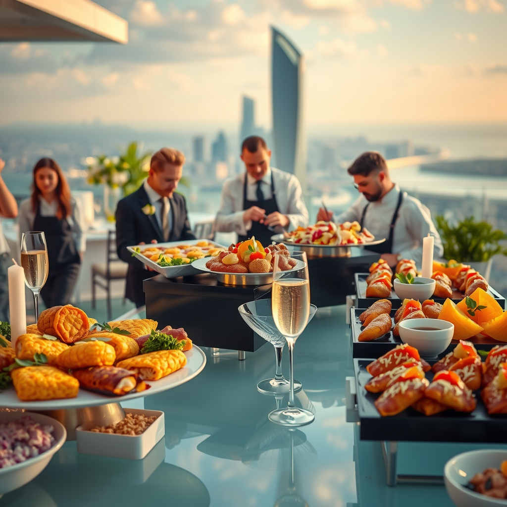 Gourmet catering display at luxury sky pool event, elegant food presentation with international cuisine, champagne service, professional culinary team, sophisticated table arrangements with gold accents