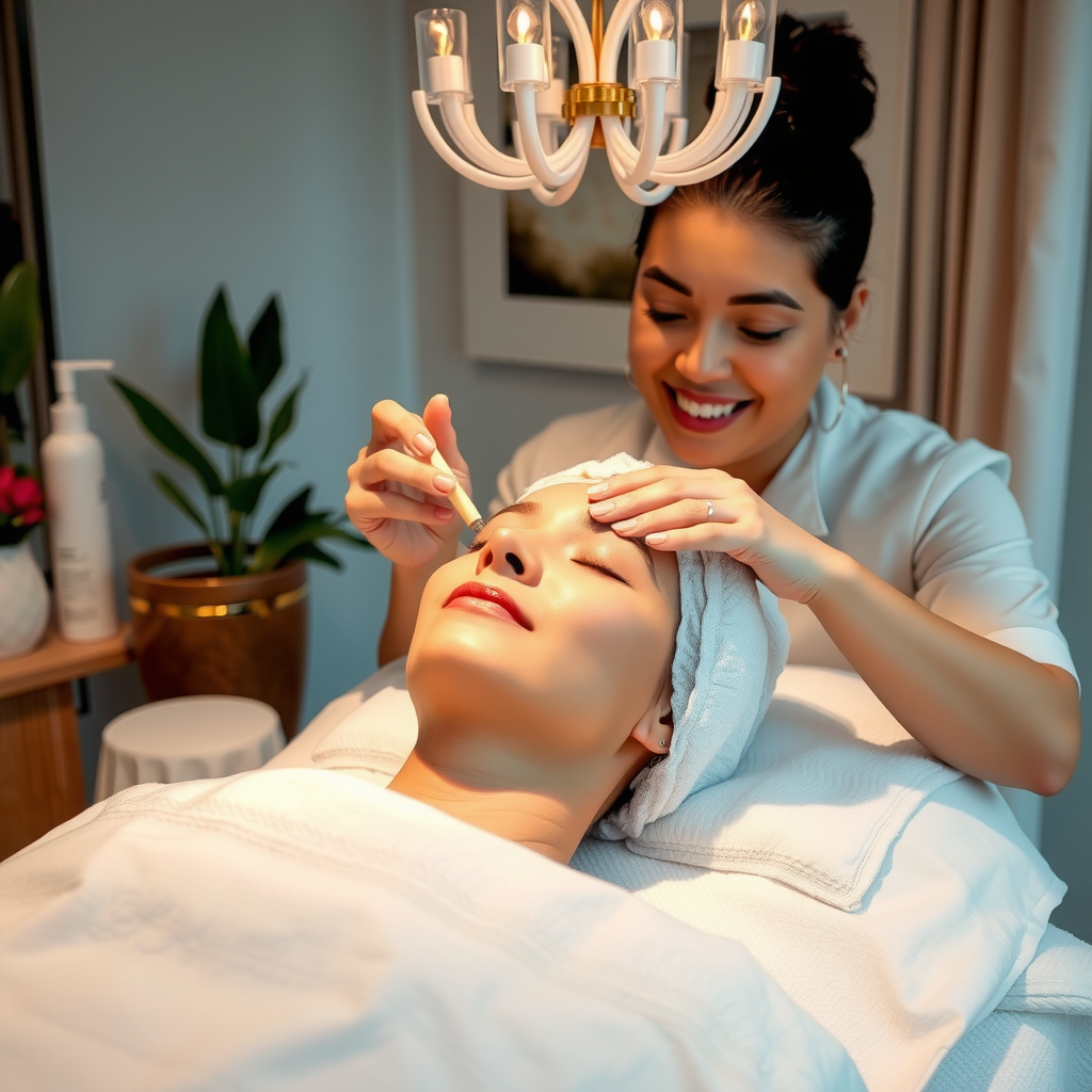 Luxurious facial treatment in progress at wellness pavilion with professional therapist applying premium skincare products, elegant treatment room with soft ambient lighting and botanical elements