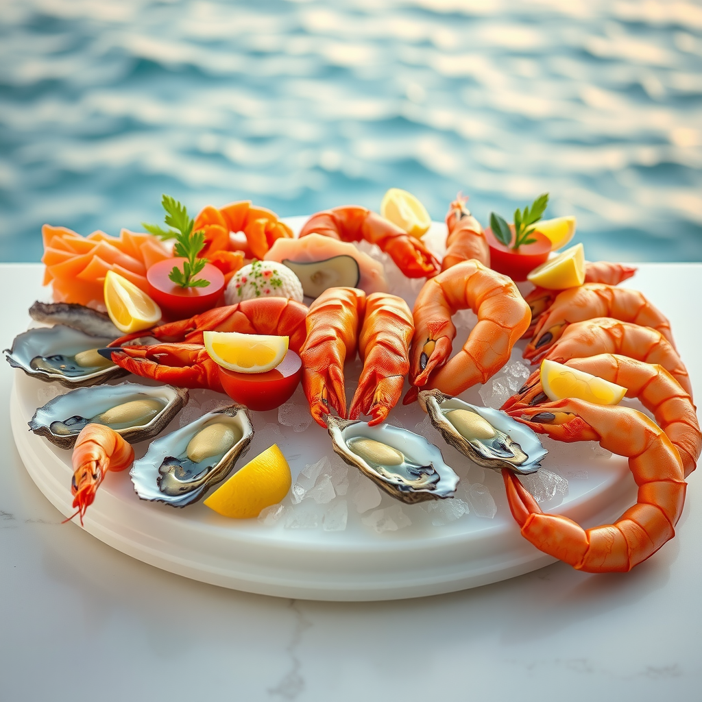 Luxurious seafood platter with fresh oysters, lobster, prawns, and sashimi arranged on ice with lemon wedges and garnishes, elegant presentation on white marble surface with ocean view background