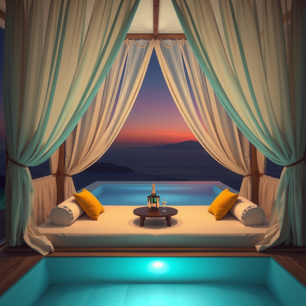Private cabana interior with comfortable daybed, flowing white curtains, small table with champagne bucket, soft ambient lighting, and view of infinity pool through opening