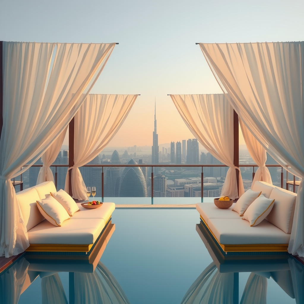 Luxurious private cabanas at Infinity Sky Pool Aura with plush white cushions and golden accents, elegant draping curtains providing shade, premium poolside service setup with champagne and fresh fruits, sophisticated modern design with Dubai skyline visible through sheer fabrics