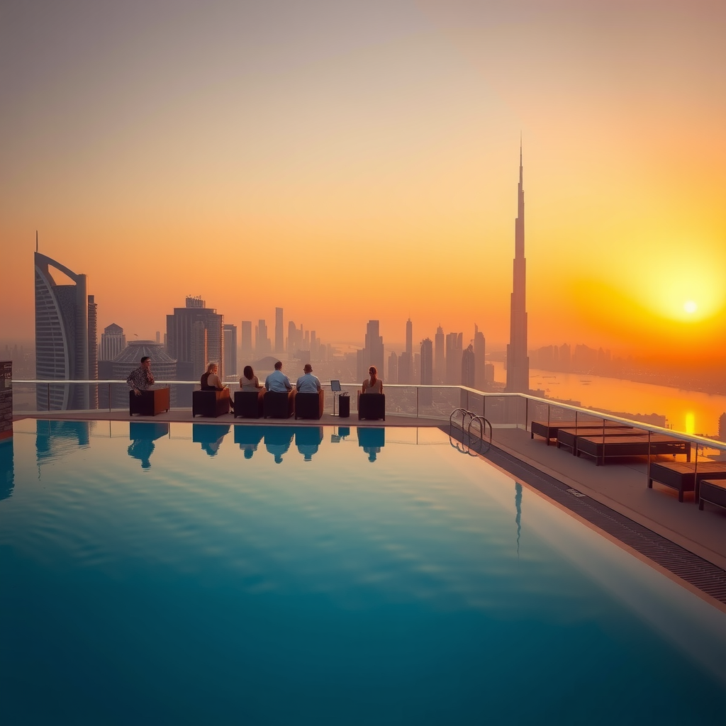 Stunning view of the infinity swimming pool at Aura Skypool Dubai during golden hour, with the pool's edge seamlessly blending into the horizon, Dubai's illuminated skyline in the background, warm sunset colors reflecting on the water surface, and silhouettes of guests enjoying the luxurious atmosphere