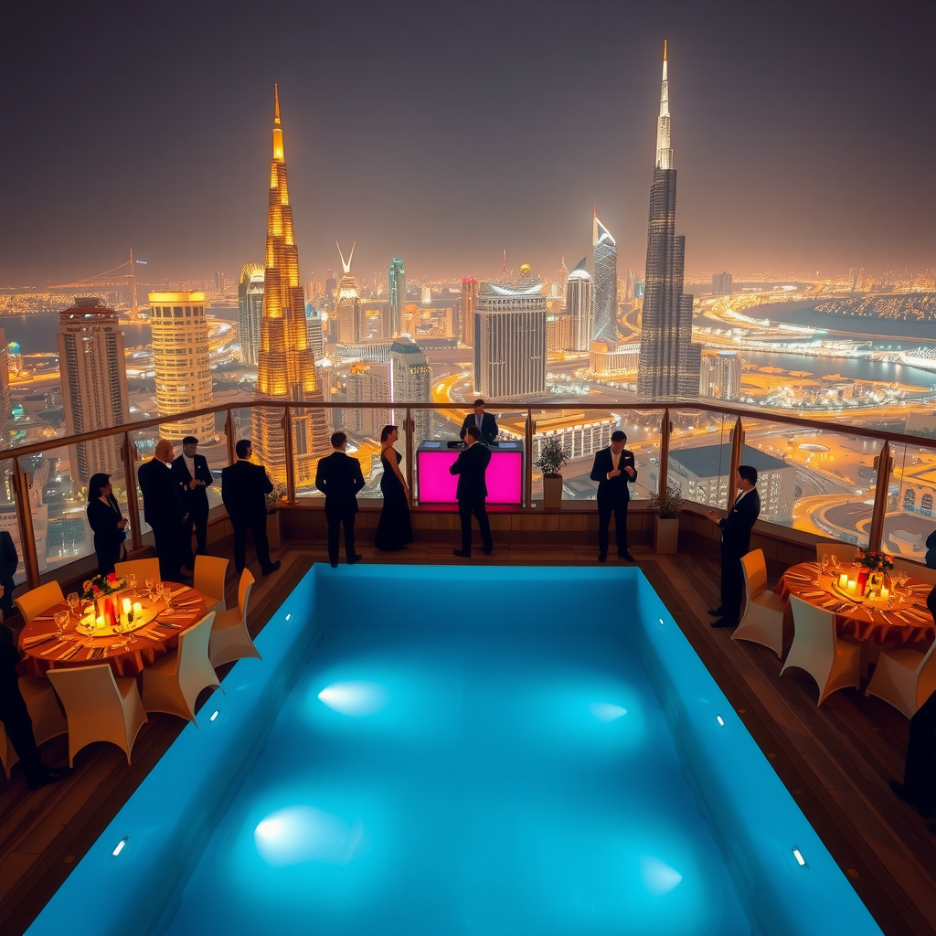 Elegant rooftop celebration at infinity sky pool with decorated tables featuring gold accents, champagne towers, DJ booth, ambient lighting, guests in formal attire, and spectacular Dubai cityscape backdrop at night