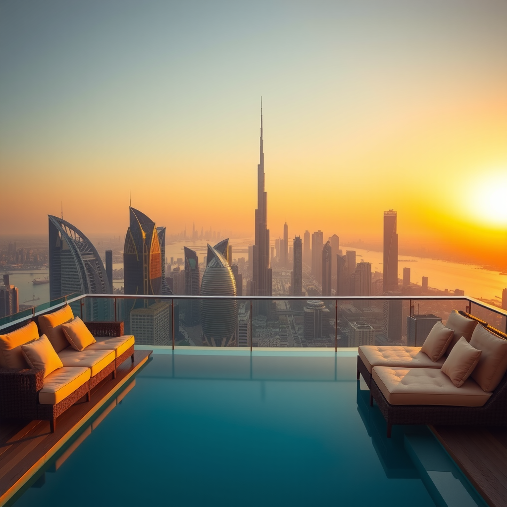 Stunning panoramic view from infinity sky pool cabana showing Dubai's iconic skyline at golden hour, with the pool's edge seamlessly blending into the horizon and luxurious cabana furnishings in foreground
