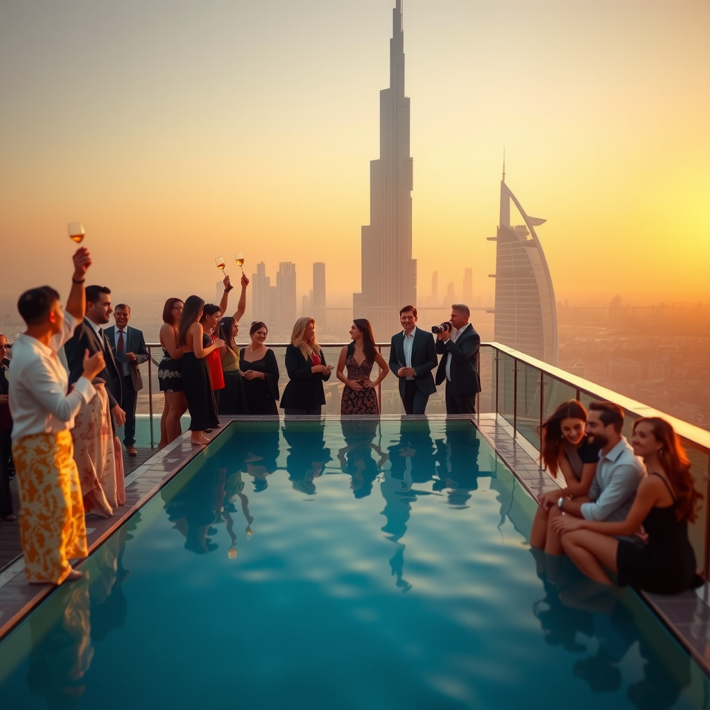 Professional event photographer capturing special moments at infinity sky pool, guests celebrating with Dubai skyline in background, golden hour lighting, candid and posed photography, luxury event documentation