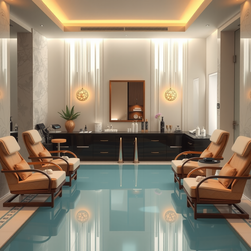 Elegant nail care station at Infinity Sky Pool Aura with professional manicure and pedicure setup, luxury nail products, comfortable seating, and sophisticated spa atmosphere with natural light