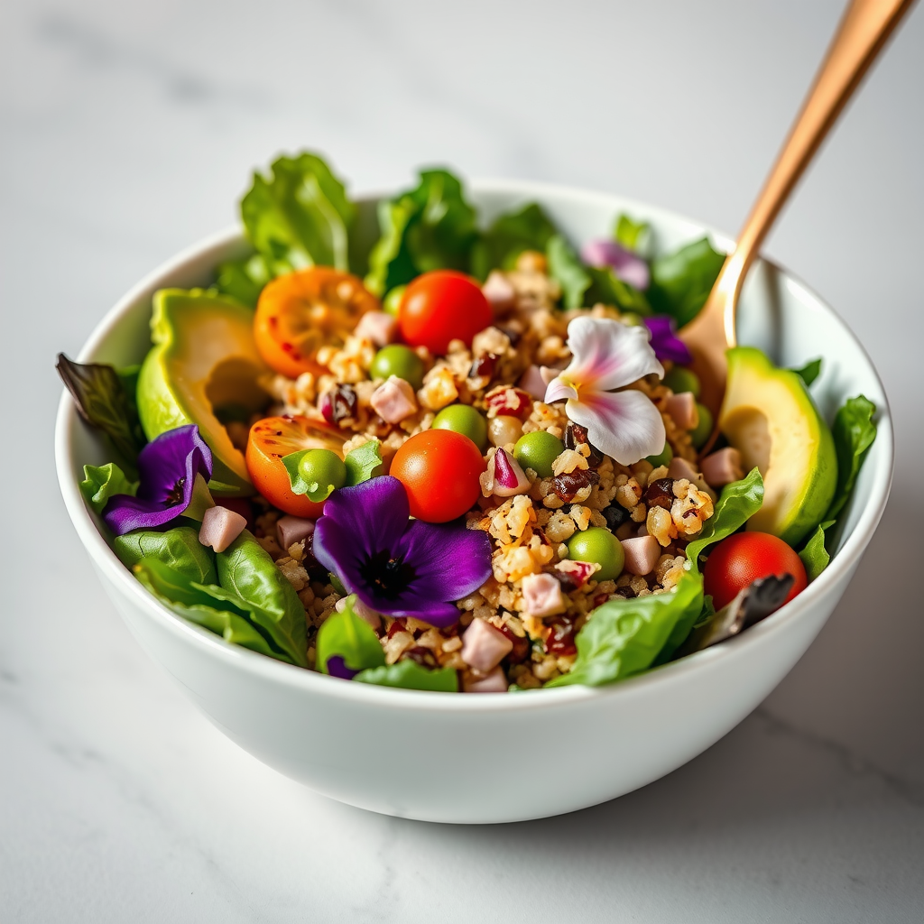 Colorful gourmet salad bowl with mixed greens, grilled vegetables, quinoa, avocado, cherry tomatoes, and edible flowers, artfully arranged in white ceramic bowl with golden fork, natural lighting