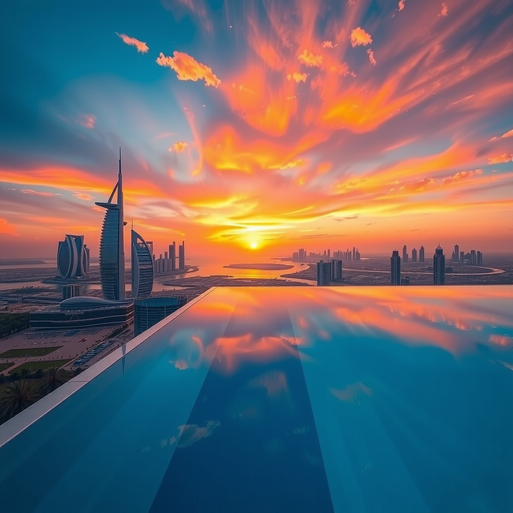 Breathtaking sunset view from infinity pool with golden and pink sky reflecting on water surface, silhouettes of Dubai skyscrapers, and elegant pool edge disappearing into horizon
