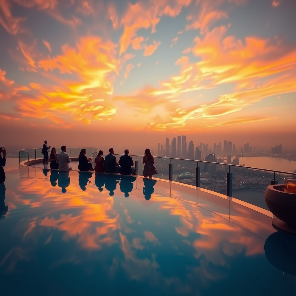 Magical sunset view from Infinity Sky Pool Aura, golden and pink sky reflecting in the crystal clear infinity swimming pool water, silhouettes of guests enjoying cocktails by the pool, Dubai skyline illuminated in the background, warm ambient lighting creating a romantic atmosphere