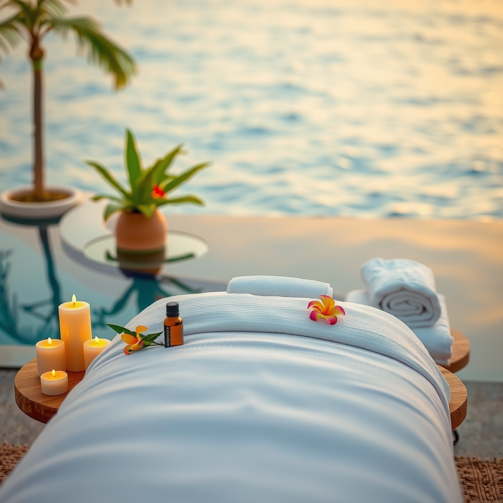 Serene spa treatment setup by the pool with massage table draped in white linens, aromatic candles, essential oil bottles, tropical flowers, soft towels, and peaceful water views in the background