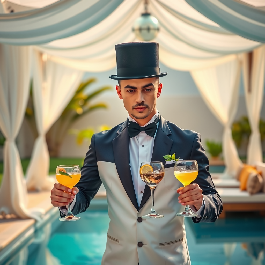Professional butler in elegant uniform serving premium refreshments to guests in a luxurious poolside cabana, with attention to detail and sophisticated presentation