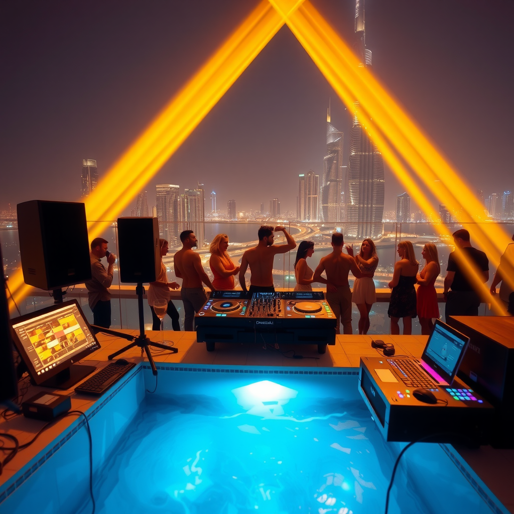 Professional DJ entertainment setup at luxury pool party, state-of-the-art sound system, dynamic lighting effects, guests dancing by infinity pool, vibrant celebration atmosphere, Dubai night skyline