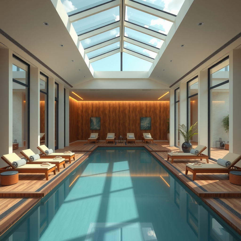Sophisticated wellness pavilion interior at Infinity Sky Pool Aura featuring modern minimalist design, floor-to-ceiling windows with infinity pool views, comfortable relaxation lounges, natural materials, and serene ambiance