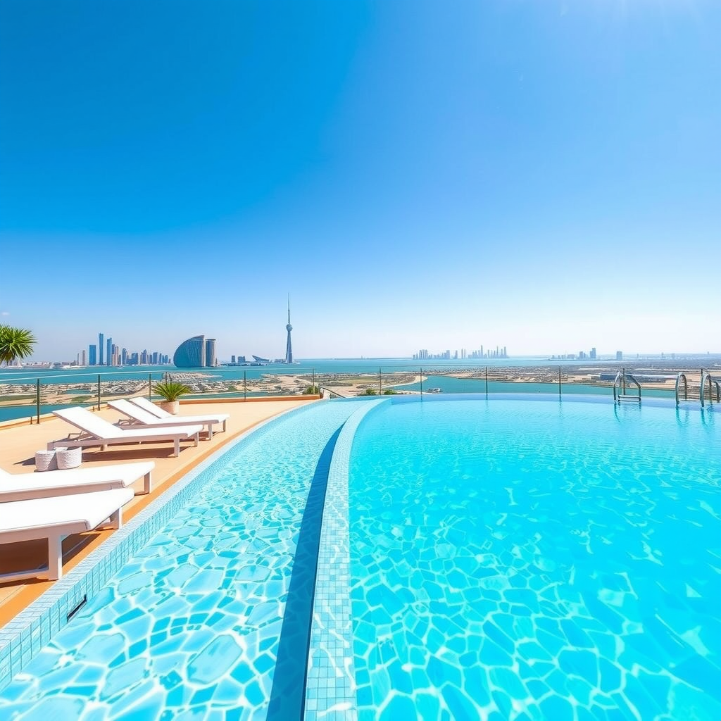 Daytime view of infinity pool with crystal clear turquoise water, white loungers arranged along pool edge, bright blue sky, and Dubai skyline visible in distance