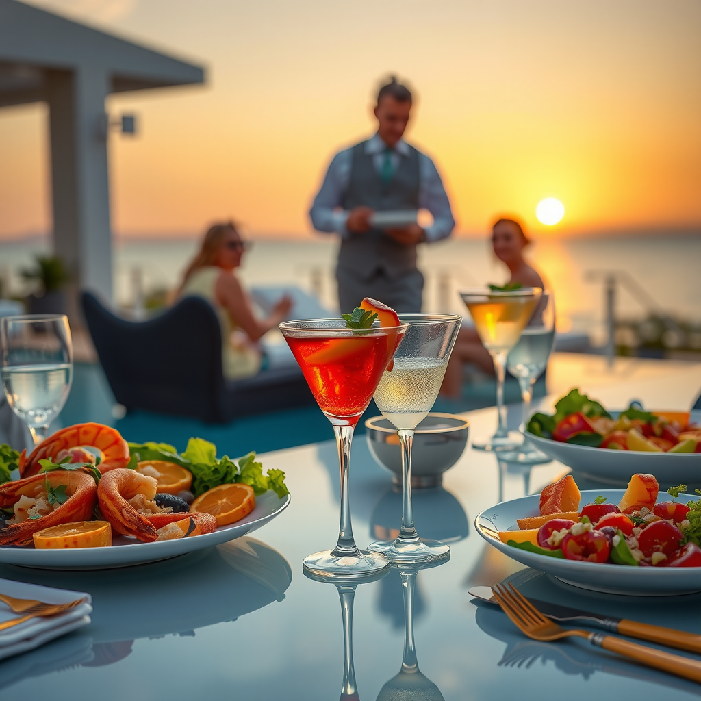 Elegant poolside dining setup with gourmet seafood platter, artisanal cocktails in crystal glasses, fresh salads, premium table settings with gold accents, and attentive waiter serving guests at sunset