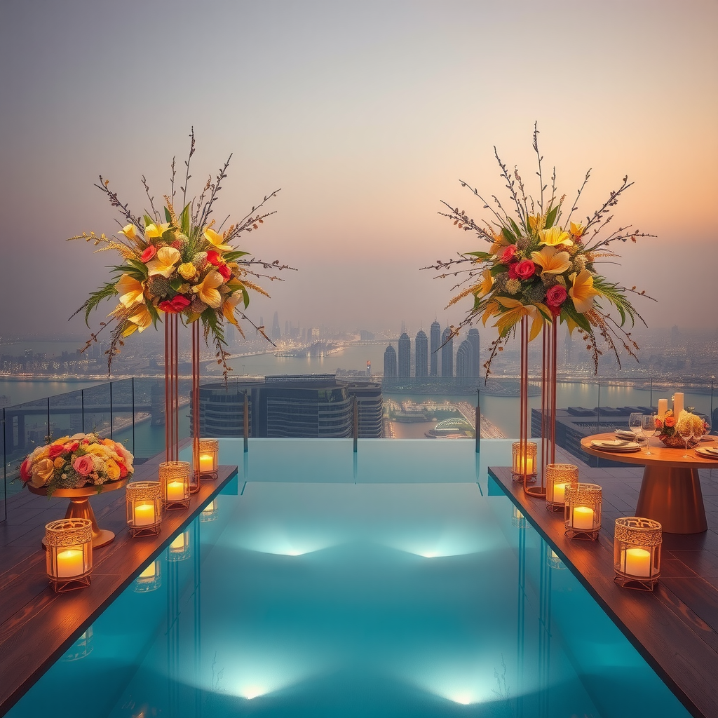 Elegant event décor at infinity sky pool, luxurious floral arrangements, champagne gold accents, ambient lighting, personalized table settings, sophisticated celebration setup with Dubai views