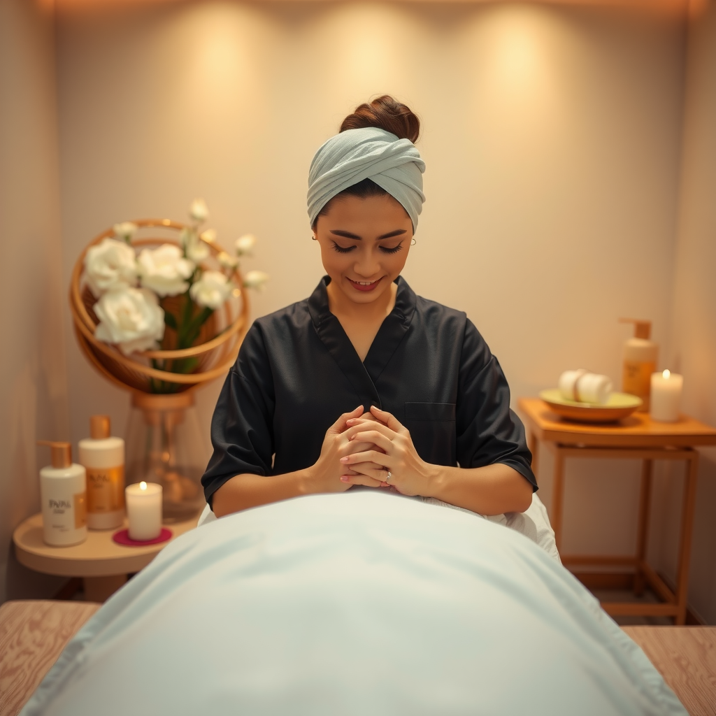 Professional spa therapist at Infinity Sky Pool Aura performing luxury treatment with expert technique, serene treatment room environment, premium spa products displayed, creating atmosphere of trust and expertise