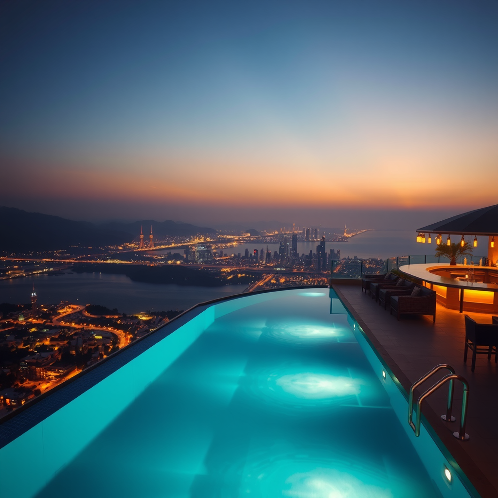 Evening atmosphere at infinity pool with ambient LED lighting, illuminated water creating magical glow, city lights twinkling below, and elegant bar area with soft lighting
