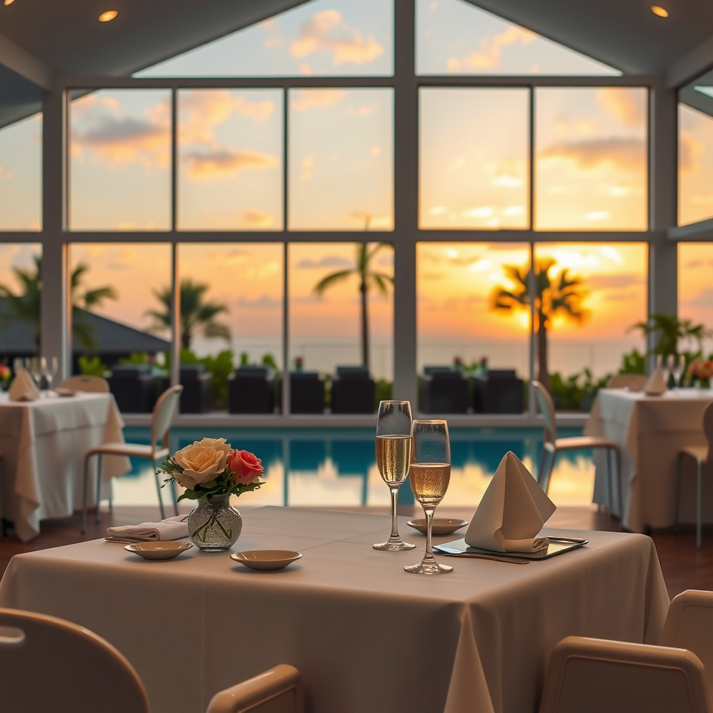 Sophisticated poolside dining area with elegant tables set with white linens, champagne glasses, fresh flowers, and panoramic windows showcasing sunset views