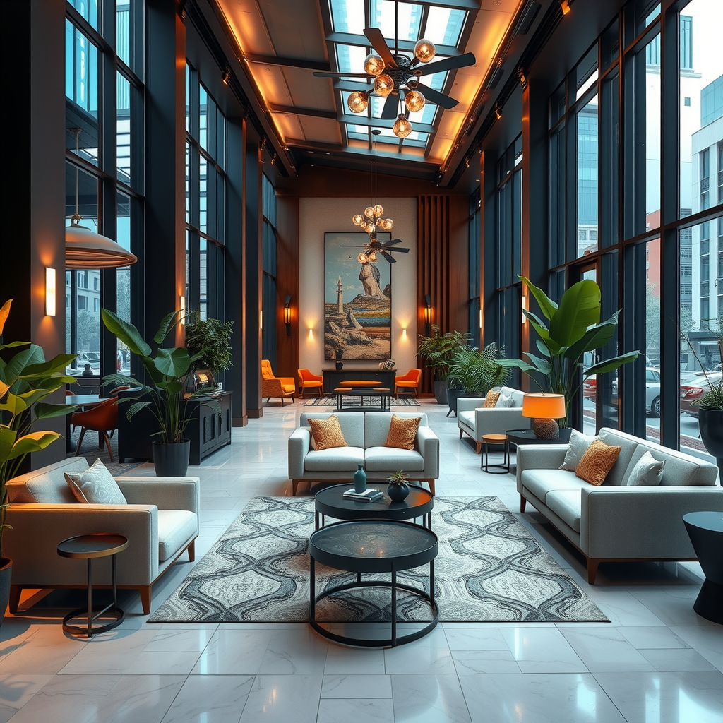 Luxurious lounge area with comfortable seating, modern design elements, floor-to-ceiling windows, decorative plants, and sophisticated lighting creating intimate atmosphere
